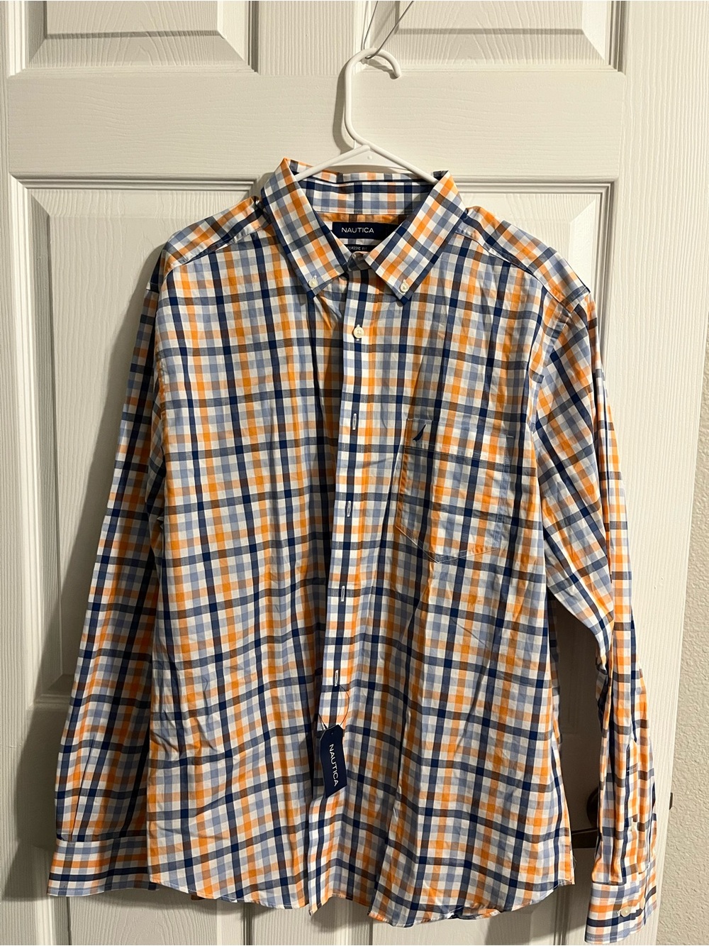 Nautica Orange Navy White Plaid Long-Sleeve Button-Down Shirt